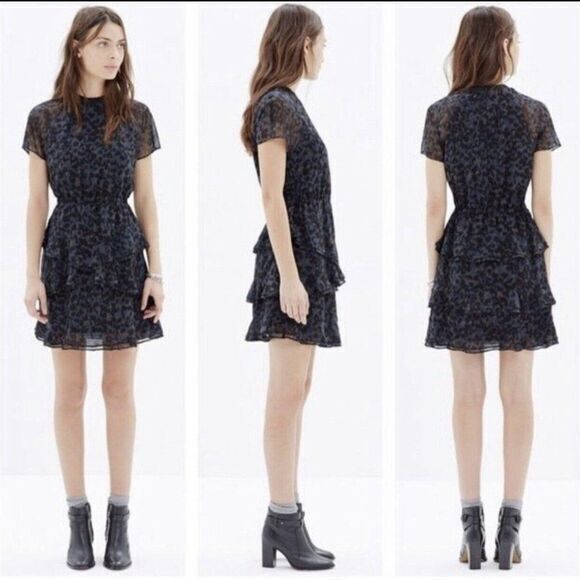 Madewell Radiant Dress Inkspot Leopard Tiered‎ Short Sleeve Animal Print … - Picture 3 of 10